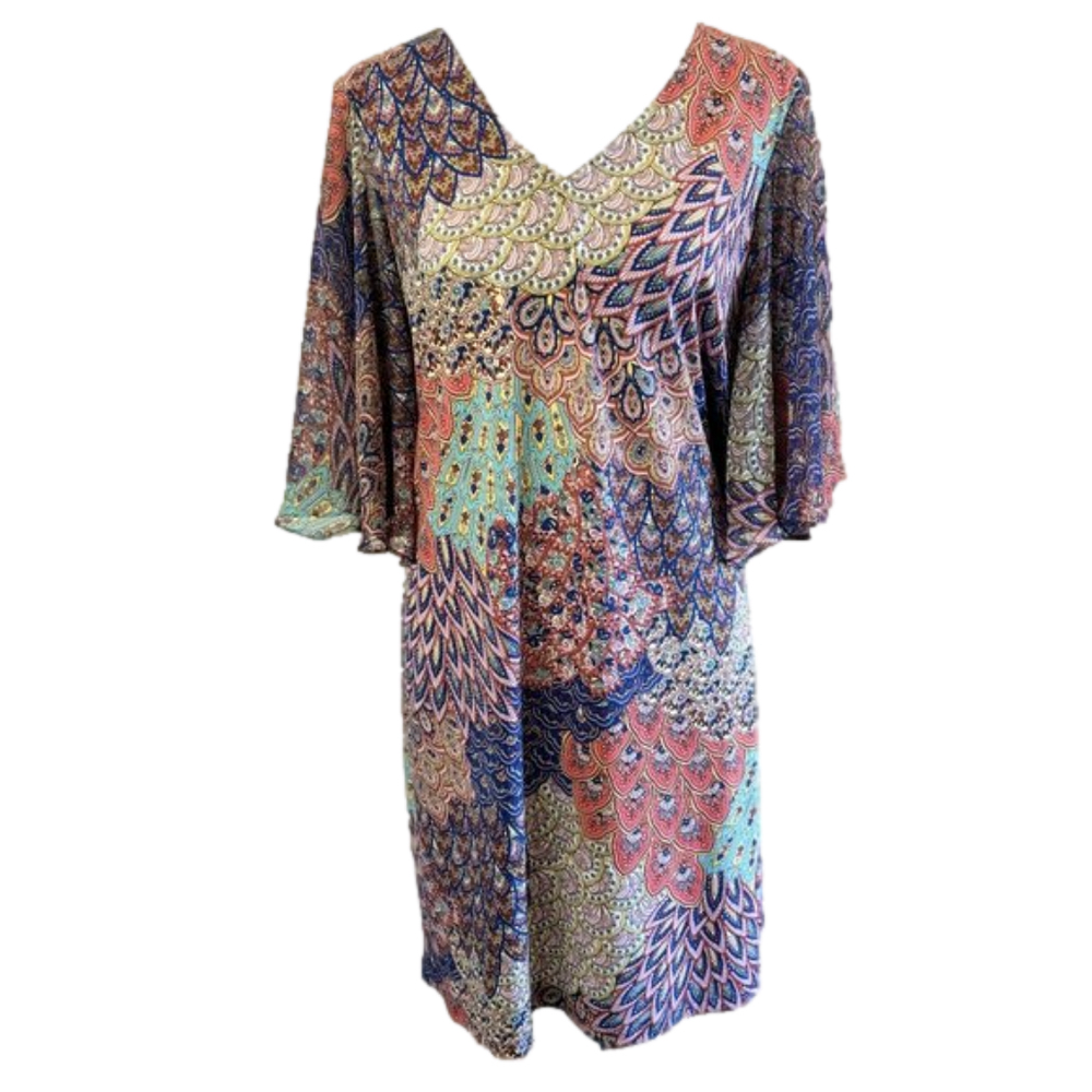 MSK multi color dress w/ flared sleeve Mid- length, detailed traps inback size M